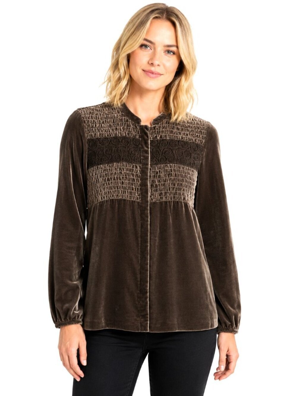 Sigrid Olsen Taupe Silk Velvet Smocked Embroidered Top